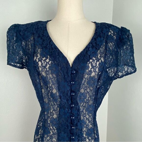 Vintage Blue Lace Midi Dress M-L Romantic Grunge Feminine Cottagecore Whimsigoth - Picture 13 of 13